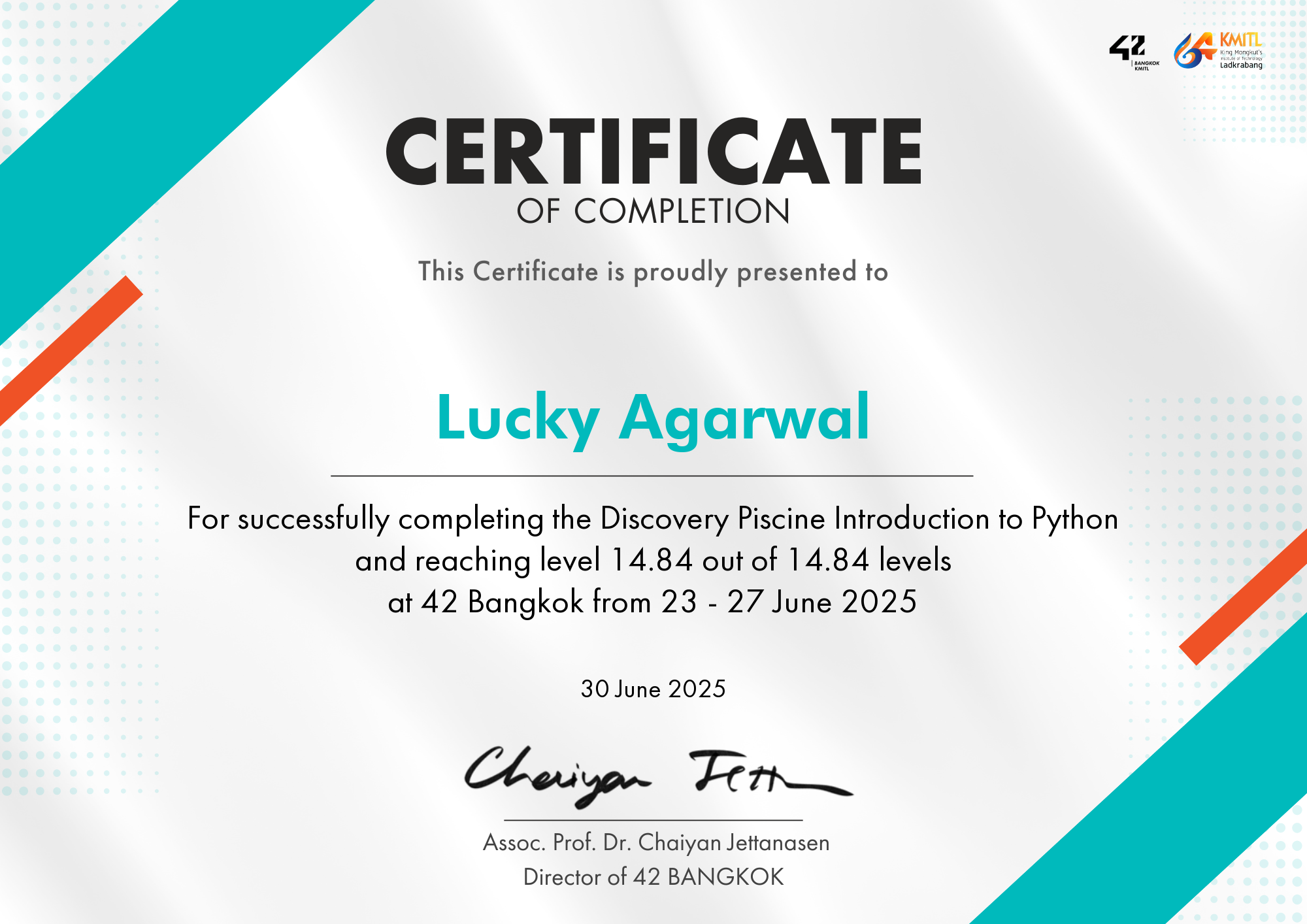 Discovery Piscine Introduction to Python Certificate